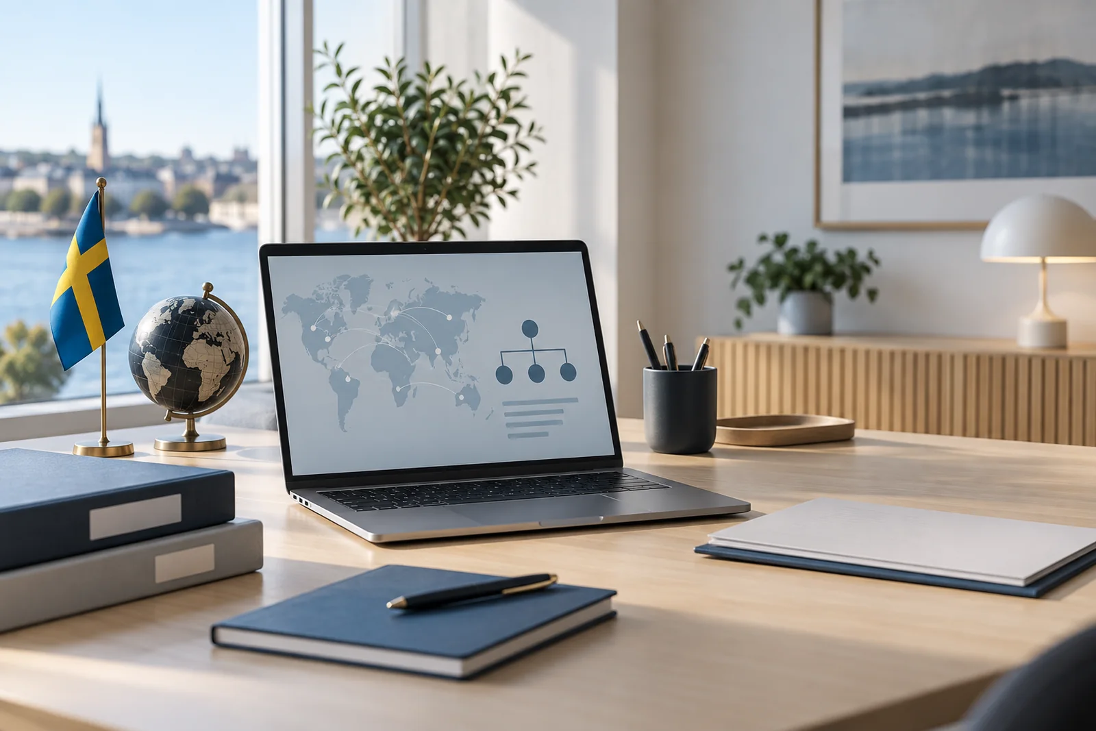 Office desk with a Swedish flag, globe and laptop showing an international business structure